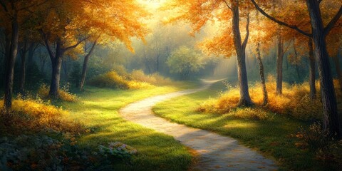 Fototapeta premium A tranquil sunlit forest path during autumn, surrounded by warm orange and golden leaves