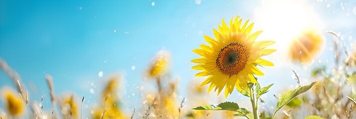 Breathtaking panoramic view of a vast field filled with vibrant sunflowers facing the sun set against a backdrop of a clear bright blue sky with fluffy white clouds