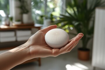 Hand holding a smooth white stone against the backdrop of a sunlit room with houseplants symbolizing balance grounding and the calm energy of nature in a minimalist setting