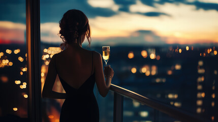 Successful and posh woman in an elegant black evening dress stands on a luxury balcony with a glass of champagne in her hands and looks at the evening lights of a European city.
