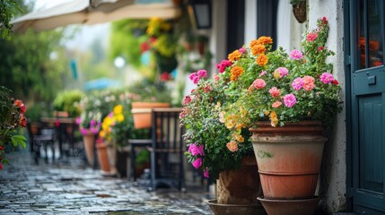 Obraz premium A charming garden cafe with large flower pots, overflowing with vibrant blooms, adding charm to the outdoor seating area with a scenic landscape backdrop