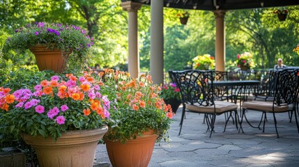 A charming garden cafe with large flower pots, overflowing with vibrant blooms, adding charm to the outdoor seating area with a scenic landscape backdrop