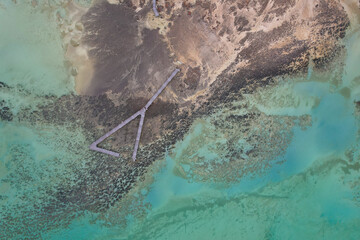Aerial view of Hamelin Pool with unique stomatolites and tranquil turquoise waters, Hamelin Station, Australia.