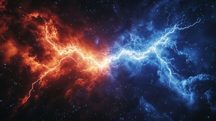 Fototapeta premium A stunning visual of electric storm energy, featuring vibrant red and blue lightning bolts contrasting against a cosmic background.