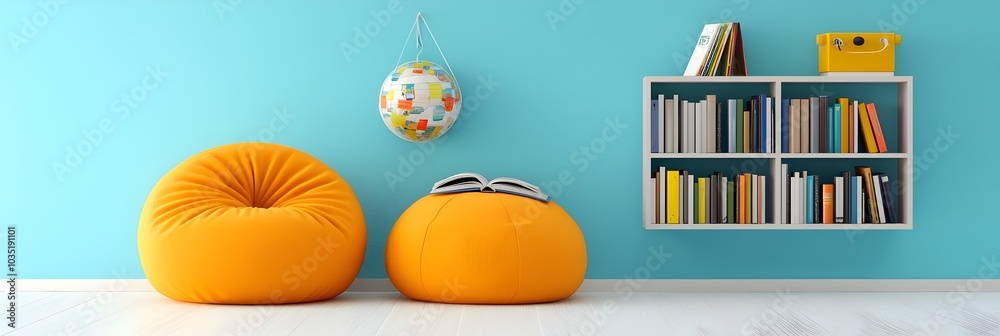Poster bright and cozy library corner with plush bean bags and rows of books forming an inviting and relaxi