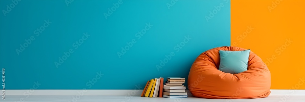 Poster Bright and inviting library corner with comfortable bean bags and bookshelves creating a cozy and tranquil reading nook for relaxation and learning