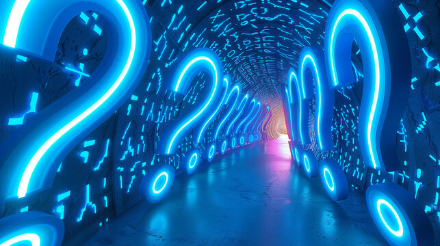 A glowing tunnel filled with large neon question marks and cryptic symbols, creating a mysterious and futuristic atmosphere.  
