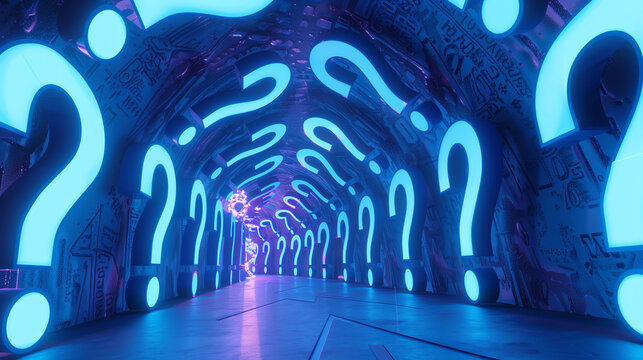 A glowing tunnel filled with large neon question marks and cryptic symbols, creating a mysterious and futuristic atmosphere.  

