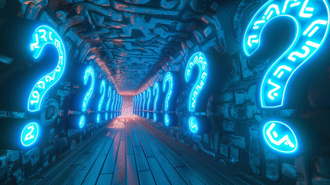 A glowing tunnel filled with large neon question marks and cryptic symbols, creating a mysterious and futuristic atmosphere.  
