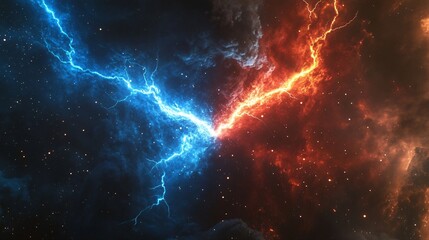 Fototapeta premium A stunning visual of a cosmic phenomenon with electric blue and fiery red lightning bursts, creating a dramatic contrast against a starry backdrop.