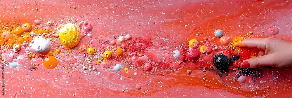 Poster Captivating abstract image showcasing the dynamic merging of vibrant liquid paint patterns creating a hypnotic marbling effect with a contemporary digital art aesthetic
