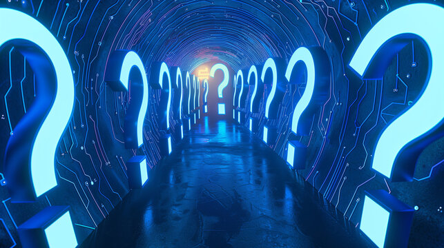 A glowing tunnel filled with large neon question marks and cryptic symbols, creating a mysterious and futuristic atmosphere.  
