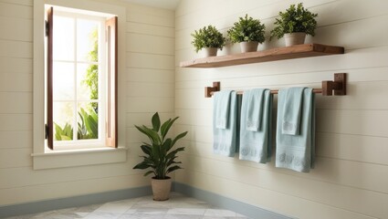 Fototapeta premium The Bathroom Features Light Walls and Wooden Shelves Adorned With Potted Plants