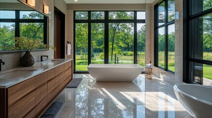 Fototapeta premium A spacious contemporary bathroom with large windows, bright natural light, and clean lines, creating a sense of openness and purity