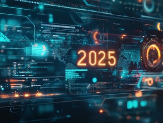 Smart world dashboard with numbers 2025 on background, new year concept banner