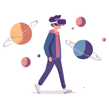 recommend clip art: A person wearing virtual reality glasses and walking in a space setting with planets, vector illustration on a white background.