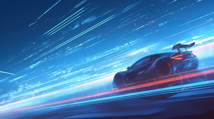 racing car speeding on wireframe road. Glowing neon blue line lights, sporty, sleek design. Abstract futuristic design