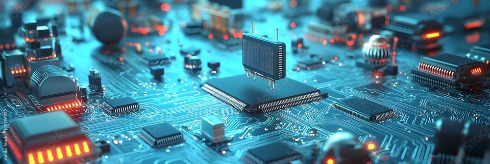 Fototapete close up view of various microchips processors and other electronic components scattered across a sm