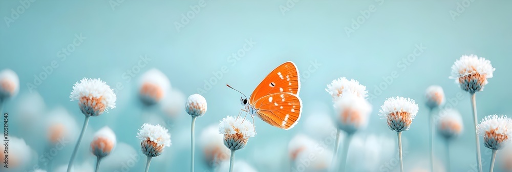 Poster closeup of a delicate butterfly perched on a soft pastel colored flower creating a tranquil and ench