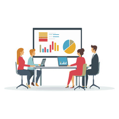 Fototapeta premium Flat vector illustration of a team working together in an office, with casual people using laptops and presenting graphs on a screen.