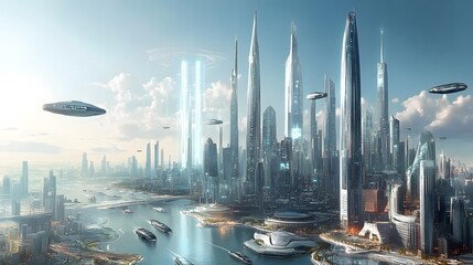 Fototapeta premium Futuristic skyline with transparent skyscrapers and sleek hover vehicles navigating the city
