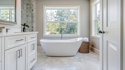A beautifully designed bathroom with minimalist polished surfaces, and ample space, offering a clean and serene environment