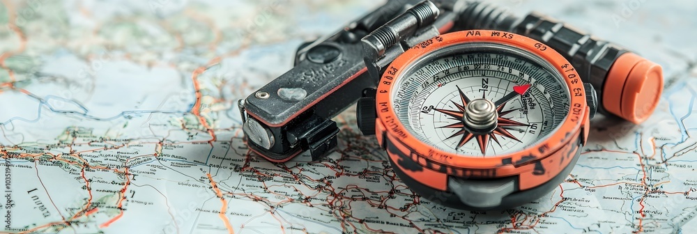 Poster Closeup view of a compass resting on a geographical map indicating a travel route and planning for an upcoming adventure or expedition