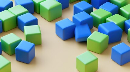 Obraz premium Abstract Arrangement of Blue and Green Cubes on a Beige Background