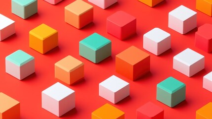 Obraz premium Colorful Cubes Scattered on a Red Surface