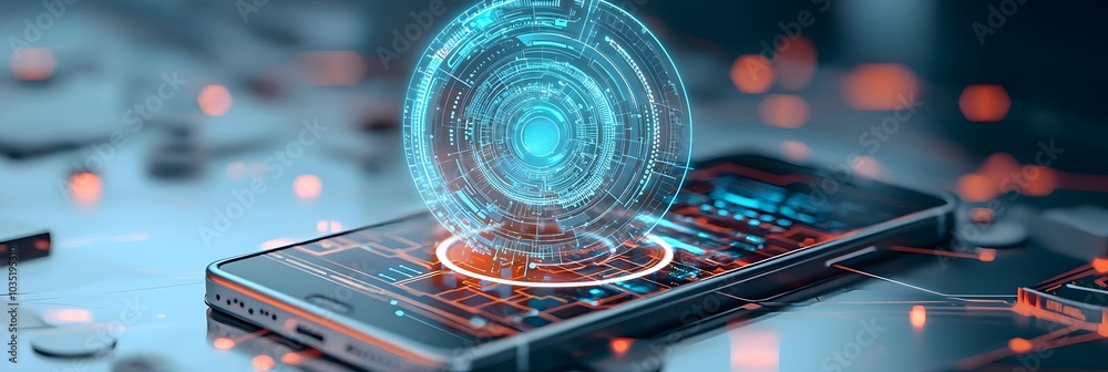Poster Cutting edge smartphone showcasing a 3D holographic user interface featuring a range of interactive virtual apps and digital experiences