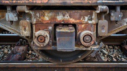 Fototapeta premium A close-up of a train's coupler and buffers, with textures of grease and metal, Railway setting with mechanical elements