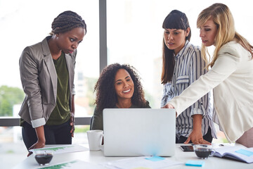 Business women, laptop and conversation with PR management and planning campaign project. Teamwork, professional and diversity at media agency with press release and brand growth website in office