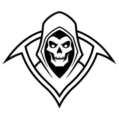 Grim Reaper Logo in Bold Black Line Art Style on a White Background