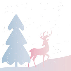 winter background postcard with a deer and a Christmas tree. Vector.