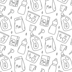 Seamless pattern with wash elements. Print wash laundry. Vector illustration. Doodle style. Pattern with powder, washing gel, washing machine.