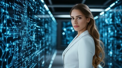 A confident woman in a white suit standing in a futuristic data center, with glowing circuit patterns in the background, representing technology, innovation, and cybersecurity