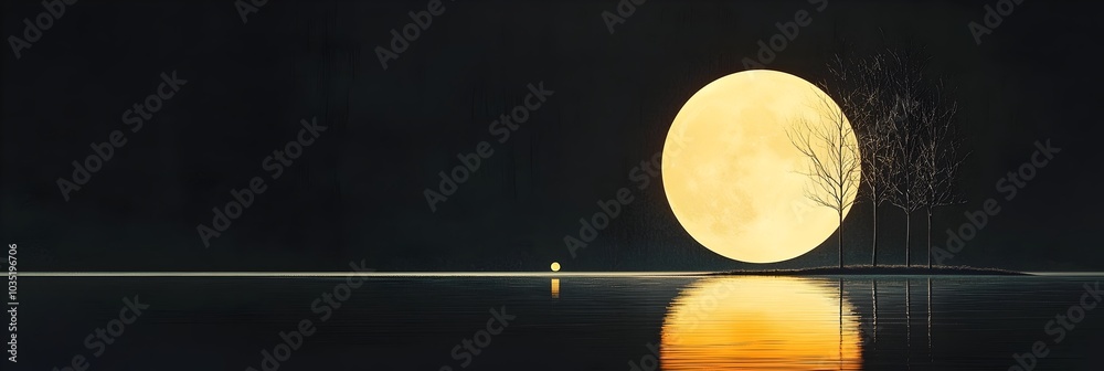 Poster ethereal and serene reflection of the full moon shimmering on the still surface of a tranquil lake s
