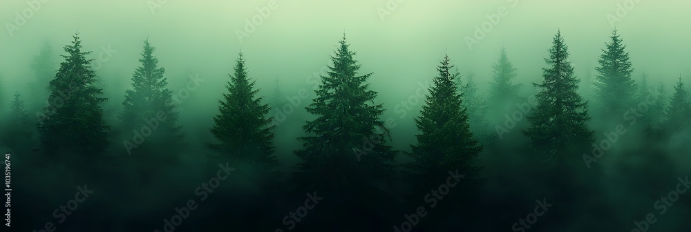 Poster Ethereal Fog Enveloping a Mysterious Pine Forest Landscape   A Moody Atmospheric Scene with Coniferous Trees Shrouded in Misty Haze Creating a Serene and Haunting Ambiance