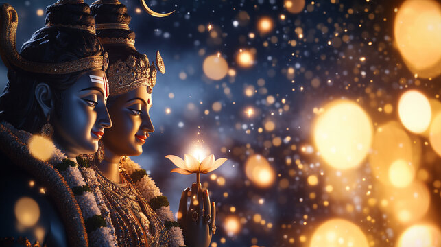 Lord Shiva and Mata Parvati Divine Portrait A serene and divine portrayal of Lord Shiva and Mata Parvati standing side by side, radiating calm and grace. Shiva is depicted with his
