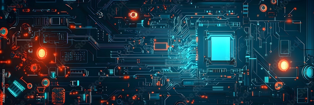 Poster futuristic abstract glowing circuit board patterns with vibrant neon blue and green lights represent