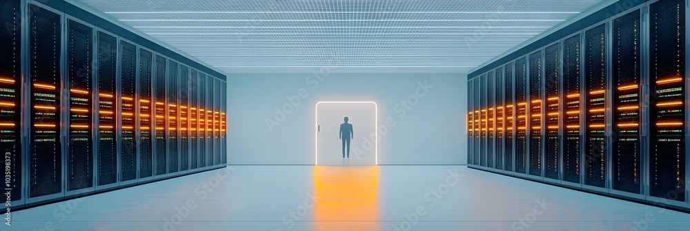 Fototapete Futuristic data center corridor featuring rows of illuminated server racks