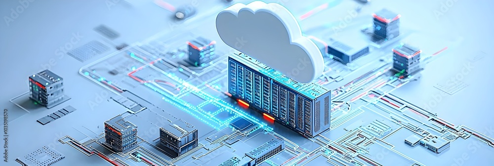 Poster Futuristic visualization of data streams flowing between cloud servers and various connected devices representing the seamless exchange of information and digital connectivity in modern technology
