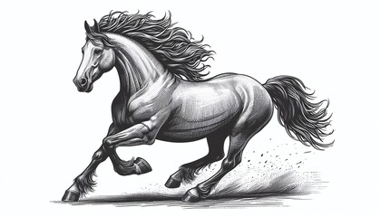 horse in mid-run with its mane flowing, drawn in an engraving style sketch engraving.