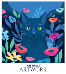 abstract stylized illustration in mid century modern with cat and flowers