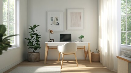 A neat work desk with a minimalist and simple concept with a computer and green plants