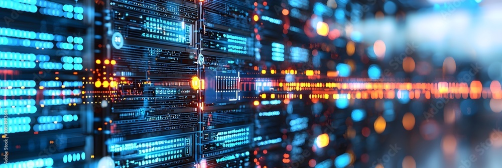 Aufkleber Illuminated Futuristic Data Center Corridor with Glowing Server Racks Showcasing Cutting Edge Technology and Digital Infrastructure