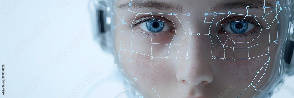 Leinwandbilder Innovative AI Powered Facial Recognition Interface Featuring a Human Face Overlaid with Intricate Grid Patterns Showcasing Advanced Biometric Authentication and Identification Technology