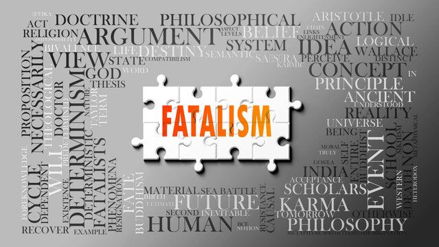 Fatalism as a complex subject, related to important topics. Pictured as a puzzle and a word cloud made of most important ideas and phrases related to fatalism. ,3d illustration