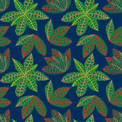 A seamless tropical pattern featuring various garden croton leaves. Geometrical background pattern. This botanical texture design suits prints, wall art, wallpaper, textiles, and wrapping paper © ann.kko
