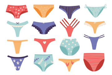 Set of women panties in flat style. Collection of women underwear in hand-drawn style. Vector illustration isolated on white background.